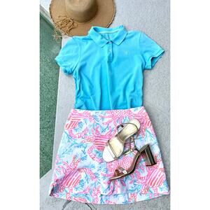 Lilly Pulitzer Resort Fit Polo Shirt Blue Short Sleeve Palm Logo Sz L